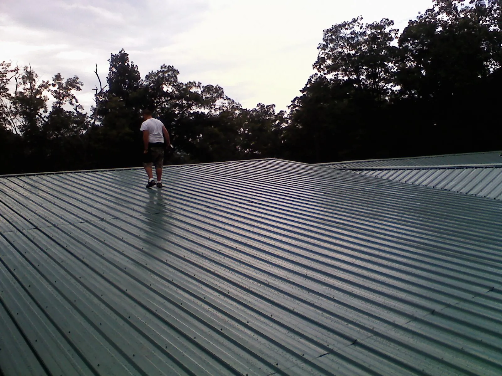 Roofer walking a wide expanse of new green metal roofing in Pink Hill